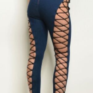 Hot & Delicious Dark Blue Lace-Up jeggings jeans Rave  
Festival club wear